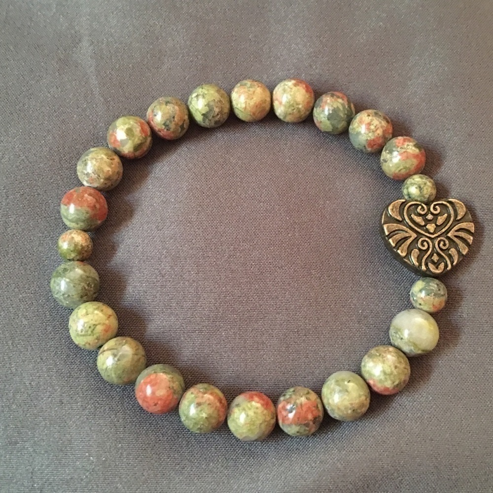 Bracelet heart, green/brown/pinkish beads